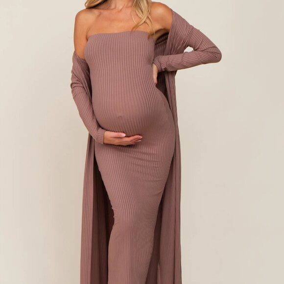 Pinkblush Strapless Ribbed Maternity Dress with Shawl - Mauve - Picture 1 of 5